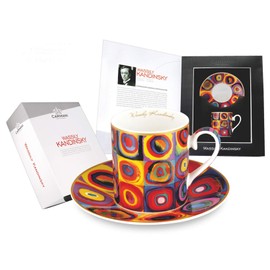 CARMANI - Tea Cup and Saucer, Fine Bone China, with Wassily Kandinsky Squares with Concentric Circles 250 ml