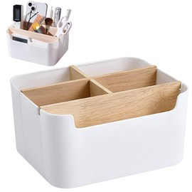 Desktop Pen, 5 Compartments Desk Organiser, Wooden Desktop Organiser, Bamboo Table Organiser, Desktop White, Bamboo Office Organiser with Pen Holder, Multifunctional Storage Box, Desk Accessories