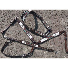 Showman 3 Piece Argentina Cow Leather Headstall & Breast Collar Set w/Navajo Beaded Inlays! New Horse TACK!
