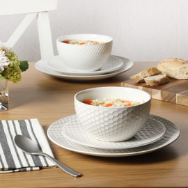 Gibson Elite Oyster Tide Embossed 12 Piece (Service for 4) Plates and Bowls Reactive Glaze Round Dishes Stoneware Ceramic Dinnerware Set, White