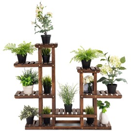 Giantex Flower Rack Wood Plant Stand 7 Wood Shelves 13 Pots Bonsai Display Shelf Indoor Outdoor Yard Garden Patio Balcony Living Room Multifunctional Storage Rack Bookshelf W/Hollow-Out Rack