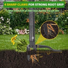 VUGHIUA Weed Puller Tool, 4 Claw Stand Up Manual Weeder, Heavy Duty Weeding Tool with 60 inch Long Handle,Steel Head,Uprooting Dandelion Removal Gardening Tools for Farm Lawn Grass Removal