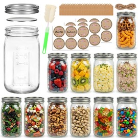 Yokodaza 32 oz Wide Mouth Mason Jars with Airtight Lids and Bands, 12 Pack Quart Glass Canning Jars for Pickling, Meal Prep, Overnight Oats, Storage & DIY Crafts
