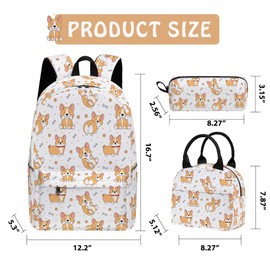Scovotec Corgi Cute 3PCS Backpack Set for Teens Elementary Middle High School, 17 Inch Lightweight Classic Bookpack 3 in 1 Set for Girls Boys, Kids Back to School Backpack with Lunch Box Pencil Case