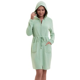 Mnamo Elegant women's bathrobe with hood and zip, made of terry cloth, short and light, mint green