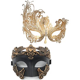 Masquerade Mask for Couple,Men Greek Roman Mask Women Metal  Mask for  Mardi Gras Ball Party - Colour: Gold1