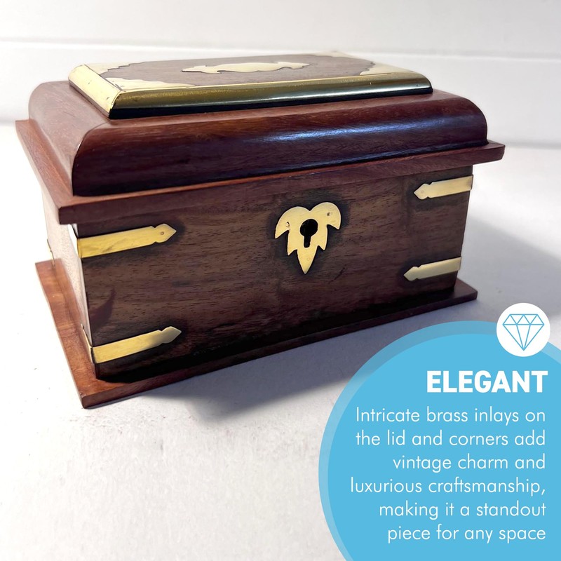 Thorness Wooden lockable Trinket Box with brass inlay, decorative detailing,