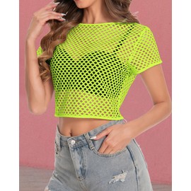 Womens Sheer Mesh Top Fishnet T Shirts Short Sleeve See Through Casual Crop Tops(Neon Green,M)