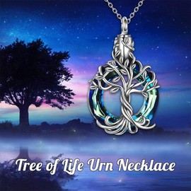 TOUPOP Ashes Jewellery Sterling Silver Tree of Life Urn Necklace for Ashes Cremation Jewelry with Blue Circle Crystal Memory Jewelry for Women
