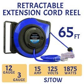 GreenProsper 65 Ft Retractable Extension Cord, 12/3 SJTOW Heavy Duty Power Cord Reel, 3 Lighted Triple Outlets,Ceiling or Wall Mount, Blue