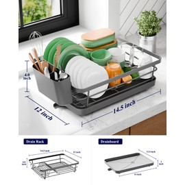 Kitsure Dish Drying Rack - Compact Dish Rack with Utensil Holder & Adjustable Water Outlet, Rust-Proof & Scratch-Resistant Drying Rack for Kitchen, 14.5" x 12.0" x 4.0", Grey