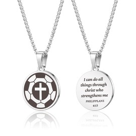 HMOOY Sports Athletes Necklace with Inspiring Bible, Stainless Steel Cross Pendant Chain with Phil 4:13 Baseball Basketball Football Hockey Soccer Volleyball Pendant Jewelry Gifts for Men (Soccer)