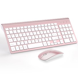 Wireless Keyboard and Mouse Ultra Slim Combo, TopMate 2.4G Silent Compact USB 2400DPI Mouse and Scissor Switch Keyboard Set with Cover, 2 AA & 2 AAA Batteries,for PC/Laptop/Windows/Mac-Rose Gold White