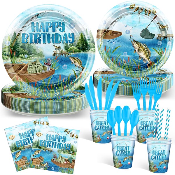 Avezano 192 Pcs Gone Fishing Tableware Fishing Birthday Party Decoration