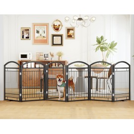 THKKY Folding No-Assembly Metal Freestanding Dog Gate with Door Walk Through,32" Height Pet Fence,144" Extra Wide Accordion Puppy Folding Playpen for Doorways,House,Stairs (6 Panels,Black)