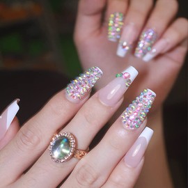 Glitter Gradient Pink Press on Nails Medium French Fake Nails Luxurious Rhinestones Design False Nails with Glue on Nails Artificial Acrylic Nails Bling Square Stick on Nails for Women Girls