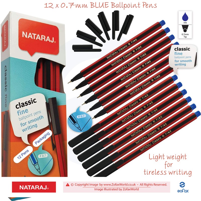 NATARAJ Classic Fine Point BLUE Ballpoint Pens (12 x 0.7mm
