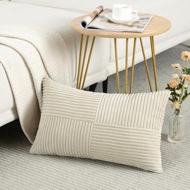 Fancy Homi Tan Lumbar Decorative Throw Pillow Covers 12x20 Inch for Living Room Couch Bed Sofa, Boho Home Decor, Soft Striped Corduroy Rectangle Accent Beige Cushion Case 30x50 cm