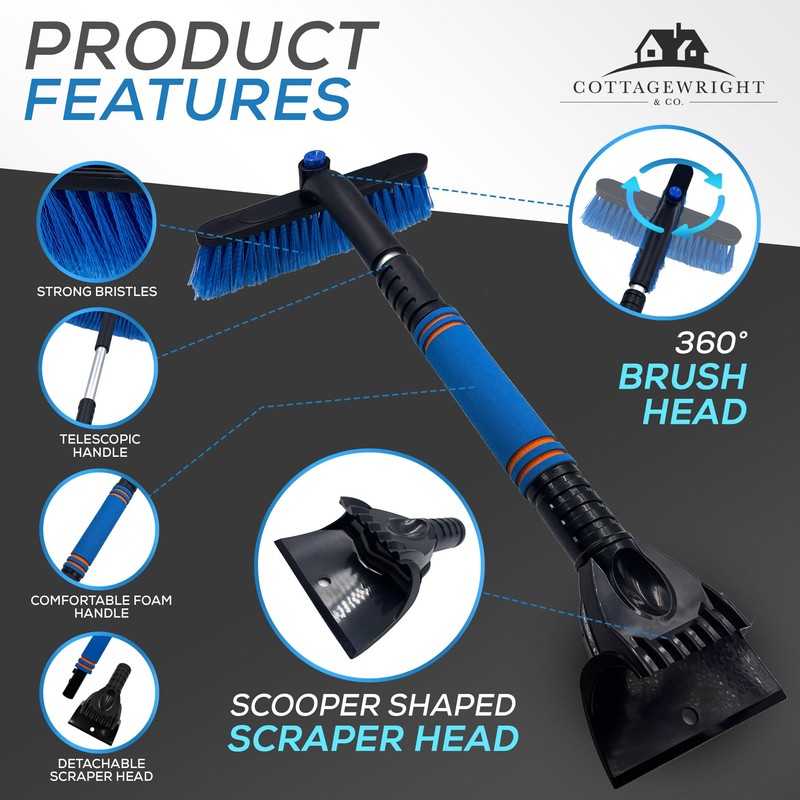 Telescopic Ice Scraper for Car Windscreen with 360 Degree Scratch-Free