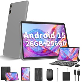 JJGJ Android 15 Tablet 10 Inch, 26GB RAM+256GB ROM/2TB Expandable Tablet, 2 in 1 Tablets with Keyboard Case Mouse Stylus, 2.0GHz Octa-core CPU, IPS HD Screen, 5G WiFi BT 5.0, 8000mAh Battery (Black)