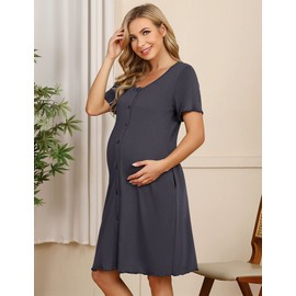 KOJOOIN Women's Nightdress Birth Nursing Nightdress Short Sleeve Sleepwear Cotton Maternity Nightdress with Full Button Placket Night Dress (Reusable Packaging), Grey (short sleeve)