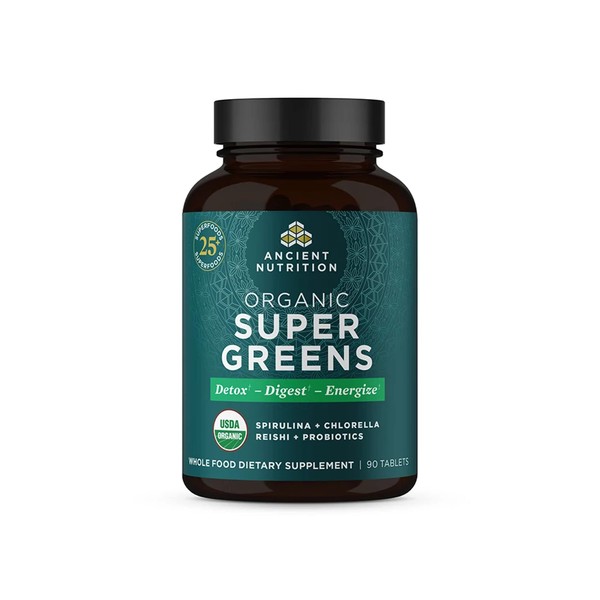 Super Greens with Probiotics by Ancient Nutrition, Organic Superfood Tablets Made from Spirulina, Chlorella, Moringa, and a Resilient Probiotic, 30 Servings, 90 Count