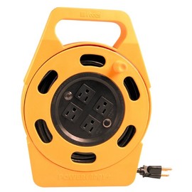 Woods 2801 Extension Reel with Four 3-Prong Power Outlets; Heavy Duty Retractable Cord; User Friendly; Made of Flame Resistant Materials; 10 AMP Circuit Breaker; 25 Foot; Yellow; Orange