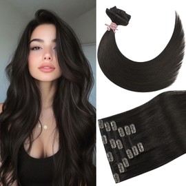Newfeeling Dark Brown Hair Extensions Real Human Hair Remy Clip in Hair Extensions 18 Inch 75g #2 Clip in Human Hair for Full Head Silky Straight Hair Extension for Women