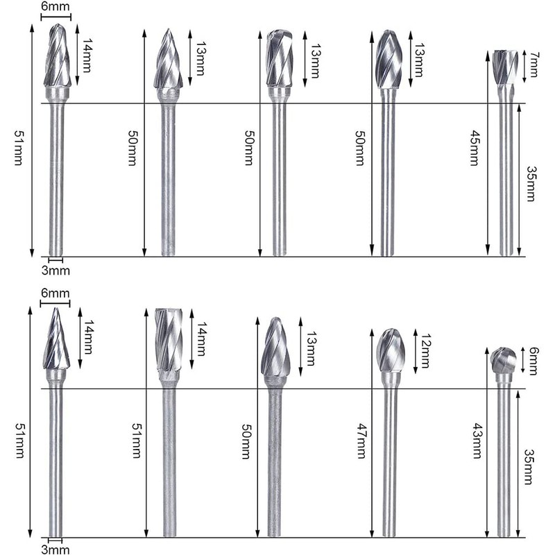 Gasea 10pcs Carbide Rotary Burrs Set with 1/8”(3mm) Shank Tungsten