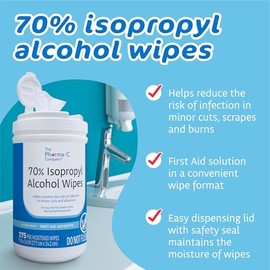 The Pharma-C Company Toallitas de Alcohol Isopropílico al 70% [175 Toallitas] - Toallitas IPA Grandes y Duraderas. Limpiador Antiséptico de Primeros A
