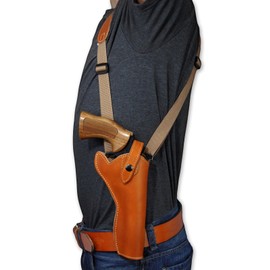 Barsony Saddle Tan Leather Cross Harness Vertical Shoulder Holster for 6" 38 357 44 Revolvers (Taurus 66 607 627 Tracker, Left)