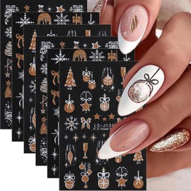 6Sheets Christmas Nail Stickers 3D Gold Glitter Decals Snowflakes Elk Star Bells Design Decorations Winter Snowflake Stickers for Women Xmas Art Supplies Kit
