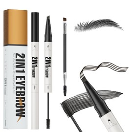 Eyebrow Pencil with Eyebrow Gel, 2-in-1 Microblading Eyebrow Pen and Brow Gel with 4 Fork Tip & Precise Brush-Tip for Fuller-Looking Defined Brows, 24H Wear, Waterproof & Smudge-proof, Black