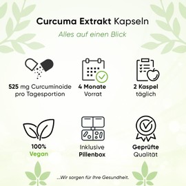 Curcuma Extract - 240 Capsules - Curcumin Content per Daily Serving Equivalent to 17,500 mg Turmeric - 4 Months Supply - Includes Pill Box - High Dose 98% - Vegan - Laboratory Tested