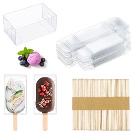 75Pieces Clear Popsicle Cakesicle Boxes Set Include Transparent PET Ice Cream Box and 50Pieces Wooden Popsicle Sticks for Kitchen Baking Baby Shower Wedding, Kids Birthday Party Favors