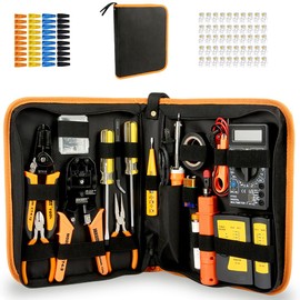 LEATBUY CAT5/CAT6 Crimping Tool RJ45 Crimp Tool Set for Plugs Pliers Regular 50PCS Connectors, 50PCS Covers Network Wire Stripper Kit Ethernet Punch Down Crimper Cutter(Orange)