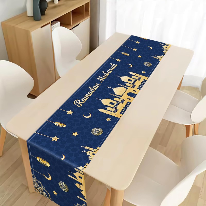 Eid Mubarak Table Runner Decoration, Ramadan Blue and Gold Table