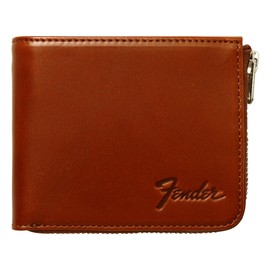 Fender 950-702 Men's Bi-fold Wallet, Genuine Leather, L-Shaped Zipper, Cowhide Leather, Guitar Pick Strap [02] Brown, 02: Brown