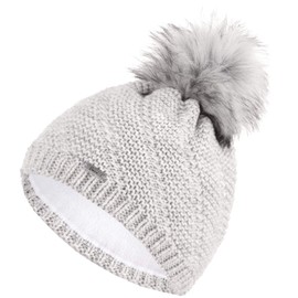 Faera Winter Hat Women's Warm Lined Faux Fur Bobble Hat Fleece Lining Winter Autumn Knitted Hat Beanie Girls 64, lightgrey