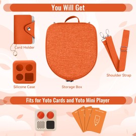Hard Case Compatible with Yoto Mini (2024 Edition), 3-in-1 Travel Bundle: Silicone Cover + Case with Shoulder Strap (Fits Mini Player & Headphones) + Up To 10 Card Holder for YOTO Cards (Orange)
