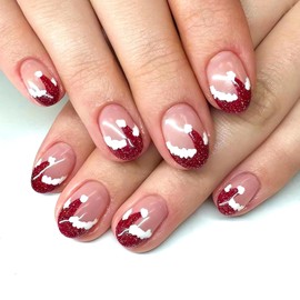 Christmas Press on Nails Short Oval Christmas Fake Nails Full Red Santa Hat French Tip Glue on Nails Christmas Short False Nails Cute Stick on Winter Nails for Women Christmas Day Nail Decorations
