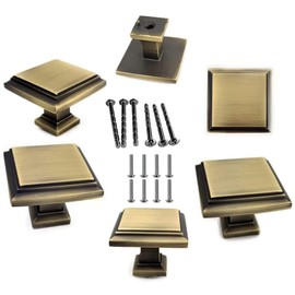 French Furniture Fittings Set of 6 Matt Antique Brass Art Deco Square Kitchen Knobs by FFF, Cupboard Drawer Knobs, Bedroom Furniture Knobs 32mm Square