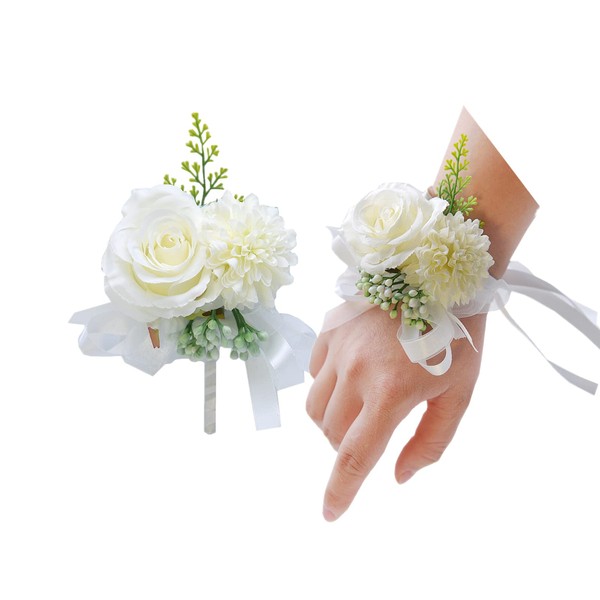 Rikyo Set di 2 bouquet da polso con fiori da polso, 7,6 cm, rosa artificiale e garofano, fiori di seta fatti a mano, per matrimoni, accessori per abiti da ballo (bianco)