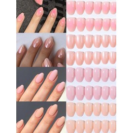 Almond Press-On Nails, 96 Pieces, French Tip Design with Pearls, Black/Red/White/Pink Tips (96-Piece Short Oval Press-On Nails Set, Pink Shades Design)