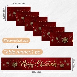 LEIWEIHOPE Red and Gold Snowflake Merry Christmas Table Runner and Placemats Set of 6, 13"x72" Runner with 12"x18" Placemats, Holiday Dining Table Set for Kitchen and Farmhouse Décor