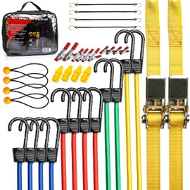 TOOLUXE 50888L Bungee Cords Kit, 36pc Assorted Bungee Cord Hooks Set, Large & Small Loop Rope with Hooks, Outdoor Canopy Ties, Ratcheting Straps, Steel Spring Clamps, Plastic Alligator Tarp Clips