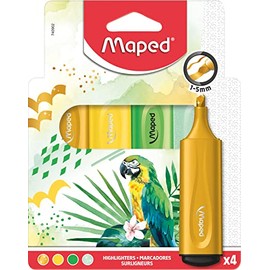 Maped - Extra Soft, Flexible Highlighter Fluo Peps Themes x4 - Perfect Marking Result, Even on Uneven Surfaces - Clip on Cap - 3 Different Themes: Ocean, Tropical, Sunset, Colourful