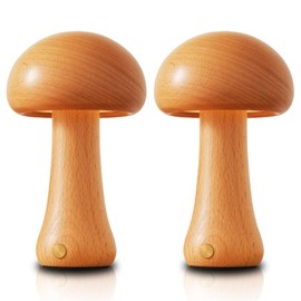 LONRISWAY 2 Pack Wooden Mushroom Night Light, Portable Cordless Small Lamp, Rechargeable Battery Operated, Stepless Dimming
