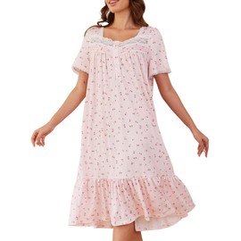 CRIPOM Cotton Nightgowns for Women Plus Size Lace Collar Lounge Dress Ladies Nightdress House Dresses for Women with Pockets (Pink Flower,XXL)
