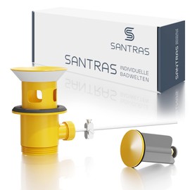 SANTRAS® Eccentric Drain Fitting Premium for Washbasin with Protection Against Overflow in Yellow - Complete Overflow Set with Drain Plug in 1 ¼ for Tap with Pop-Up Set